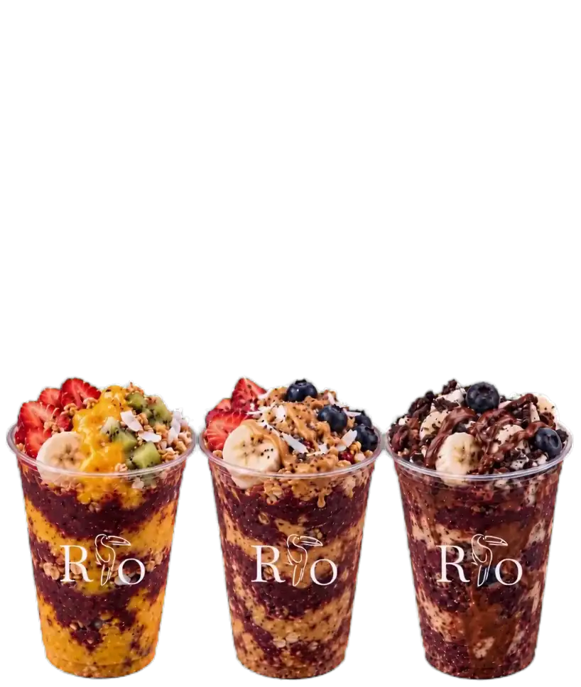 Drei fertige RIO-Becher: Fruity Favela, Jungle Bulk und Choco Samba, Schicht für Schicht gefüllt